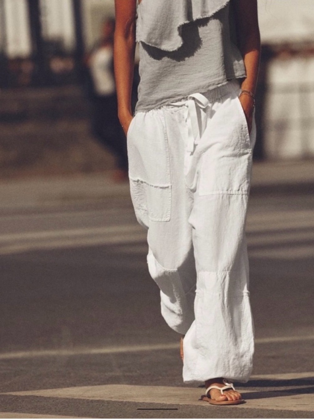 Zara White Drawstring Cotton Linen Blend Pants, Size M/L